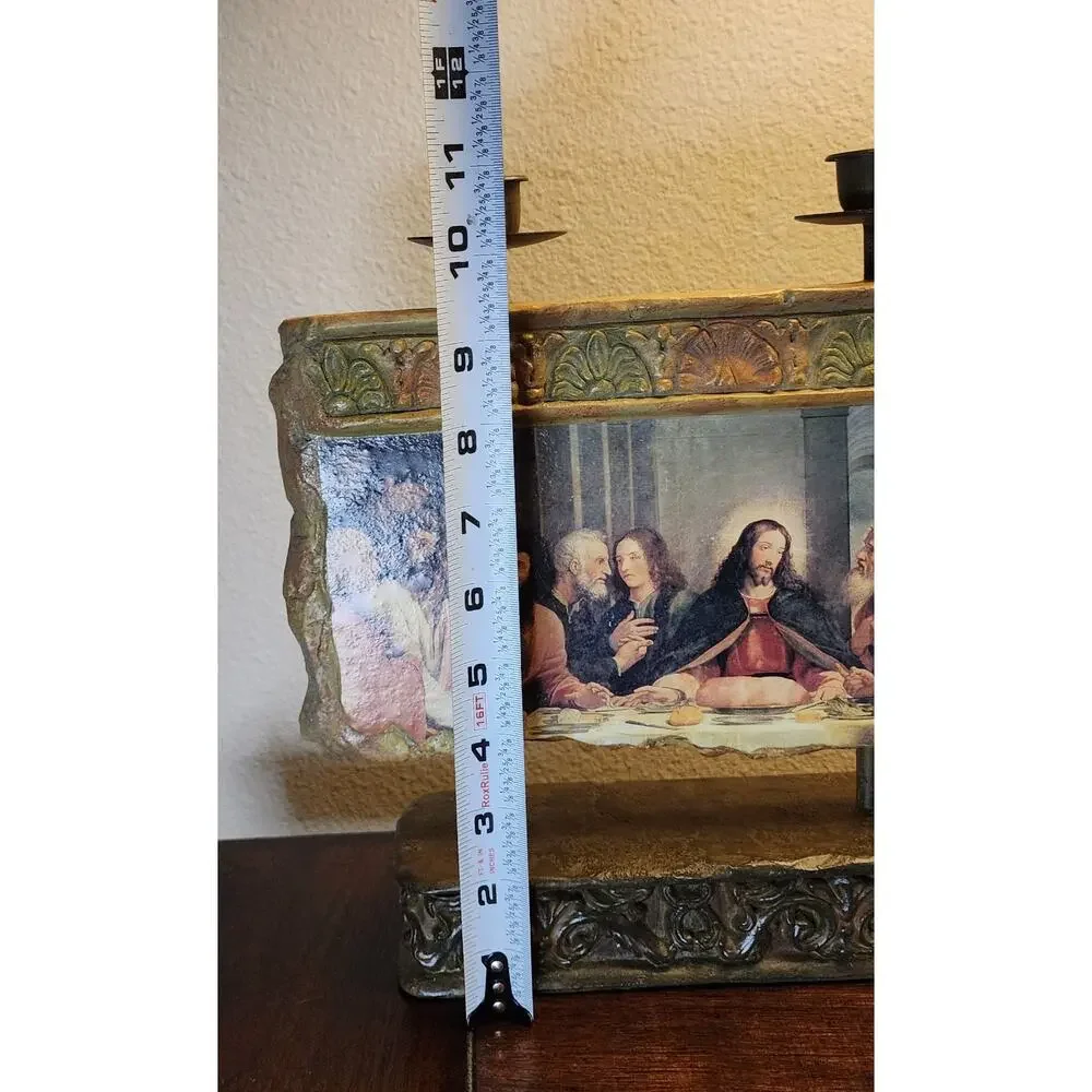 Vintage Jesus Last Supper Plaster Art Cast Iron Stand Brass Candle Holder 11
